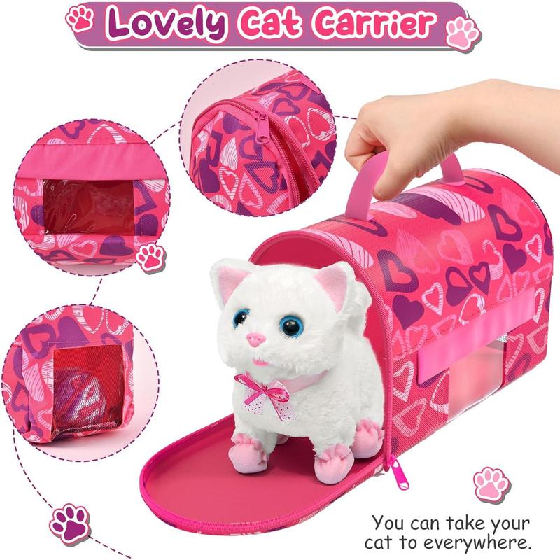 Golray Cat Toys for Kids Girls Gift, Electronic Interactive Plush Toy Cat Can Walk and Meow - 16 Pcs Carrier & Pet Groom Feed Care Pretend Play Set, Birthday Gift for Toddler Little Girl 3 4 5 6 7 8 9