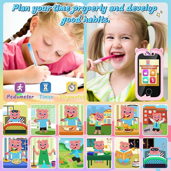 Smartphone Unicorn Gift Girl's Toy 8-10 Year Old Phone Touchscreen Learning Toy Christmas Birthday Gift Suitable for 3 4 5 6 7 8 9 Year Old Girls, Comes with SD Card