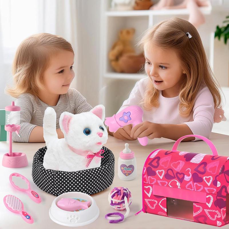 Golray Cat Toys for Kids Girls Gift, Electronic Interactive Plush Toy Cat Can Walk and Meow - 16 Pcs Carrier & Pet Groom Feed Care Pretend Play Set, Birthday Gift for Toddler Little Girl 3 4 5 6 7 8 9