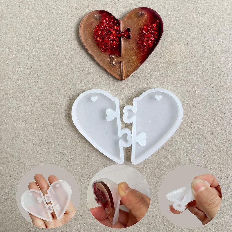 Szecl 3Pcs Heart Puzzle Keychain Silicone Mold Couples Pendant Heart Lover Puzzle Resin Casting Mold with Hole for DIY Jewelry Making Tool Jigsaw Epoxy Resin Necklace Craft Valentine Mother's Day Gift