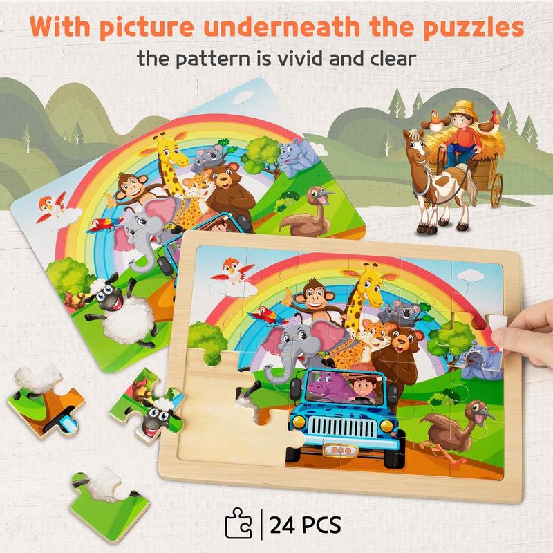 SYNARRY Wooden Puzzles for Kids Ages 4-8, 4 Packs 24 PCs Wood Jigsaw Puzzles Preschool Educational Brain Teaser Boards Toys, Zoo Farm Insect Sea Animals, Children Gifts for 4-8 Year Old Boys Girls