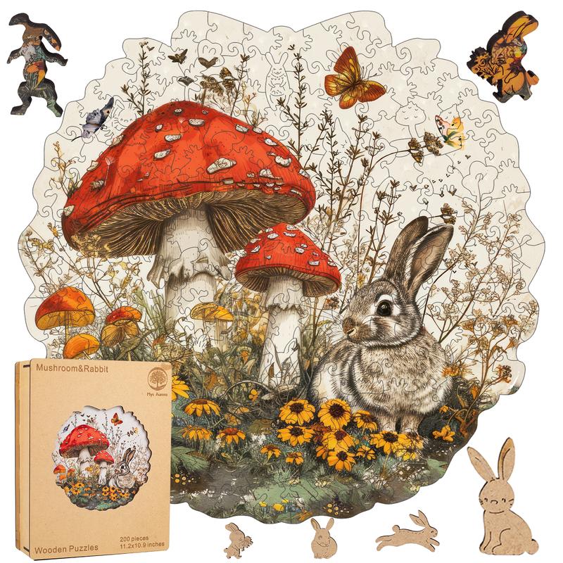 Rabbit & Mushroom Mys Aurora Wooden Jigsaw Puzzle 80 200 300 500 Pcs Unique Shape Wood Box Packing Creative Gift for Adults and Kids Fun Challenging Family Game for Parents Grandparents Brainstorm