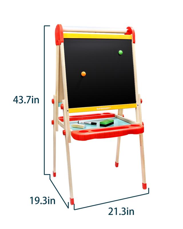 TOP BRIGHT Wooden Art Easel for Kids, Toddler Easel Adjustable with Painting Whiteboard, Child Easel with Magnetic Blackboard，Suitable for ages 3+