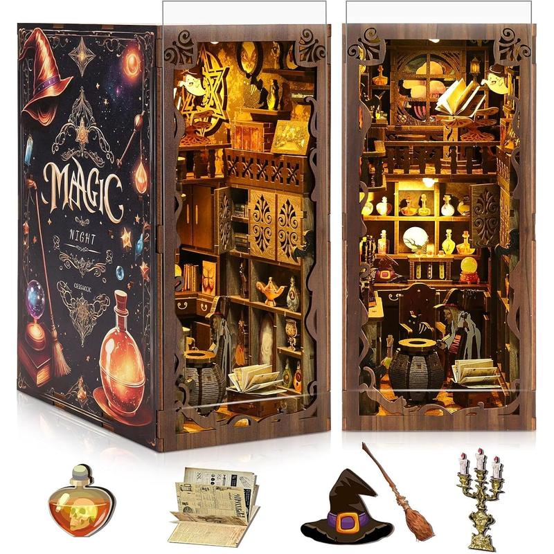 Book Nook Kit, DIY Miniature House Kit with Dust Cover LED Light 3D Wooden Puzzle Bookends Crafts Bookshelf Decoration Gift for Adults and Teens (Magic Night)