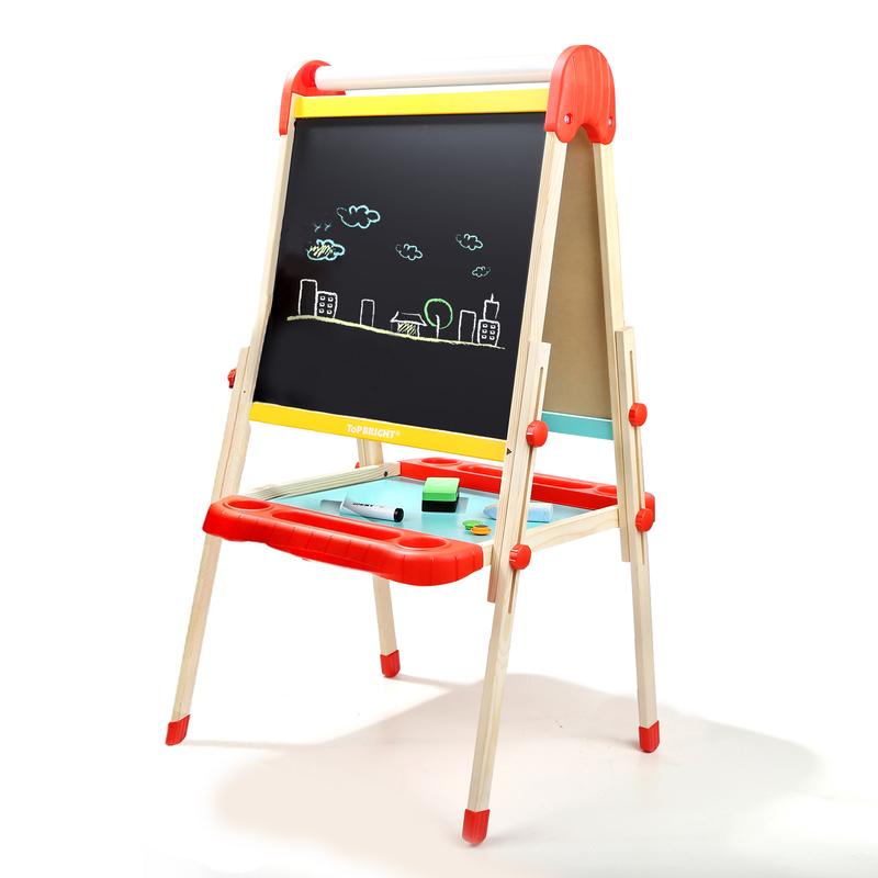 TOP BRIGHT Wooden Art Easel for Kids, Toddler Easel Adjustable with Painting Whiteboard, Child Easel with Magnetic Blackboard，Suitable for ages 3+