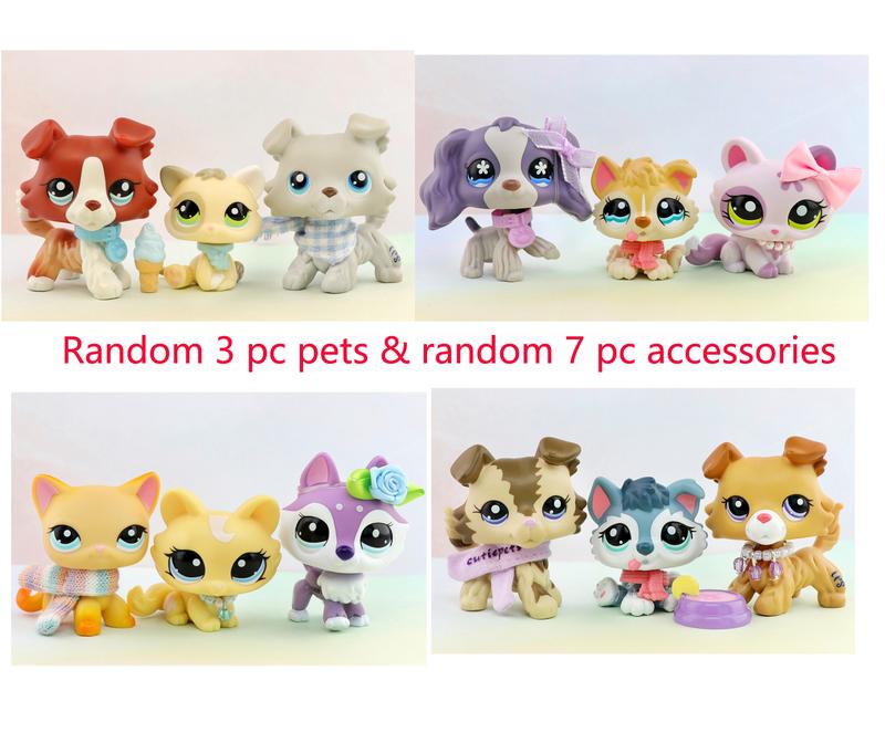 littleshop random 3 pc animal cat and dog action figures and random 7 pc accessories for lps collection