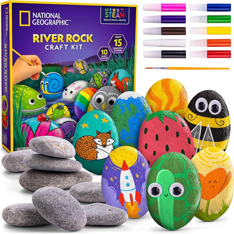 NATIONAL GEOGRAPHIC Rock Painting Kit - Arts and Crafts Kit for Kids, Paint & Decorate 15 River Rocks with 10 Paint Colors & More Art Supplies, Outdoor Toys for Girls and Boys ( Exclusive)