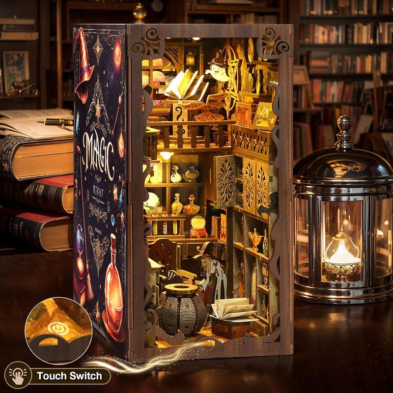 Book Nook Kit, DIY Miniature House Kit with Dust Cover LED Light 3D Wooden Puzzle Bookends Crafts Bookshelf Decoration Gift for Adults and Teens (Magic Night)