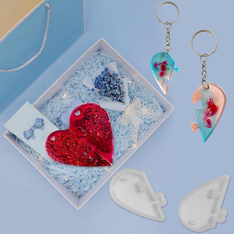 Szecl 3Pcs Heart Puzzle Keychain Silicone Mold Couples Pendant Heart Lover Puzzle Resin Casting Mold with Hole for DIY Jewelry Making Tool Jigsaw Epoxy Resin Necklace Craft Valentine Mother's Day Gift