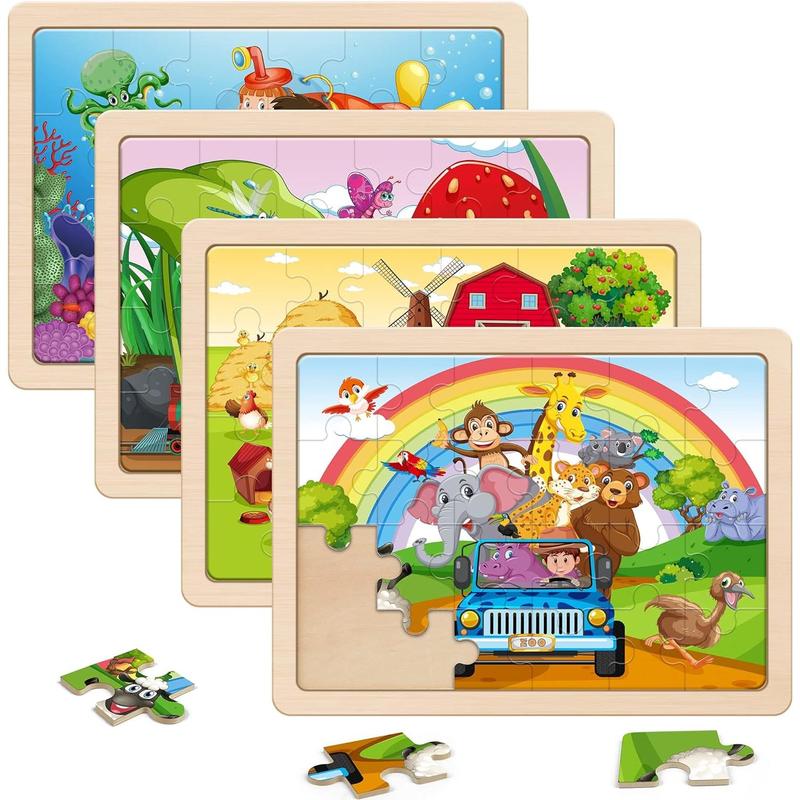 SYNARRY Wooden Puzzles for Kids Ages 4-8, 4 Packs 24 PCs Wood Jigsaw Puzzles Preschool Educational Brain Teaser Boards Toys, Zoo Farm Insect Sea Animals, Children Gifts for 4-8 Year Old Boys Girls