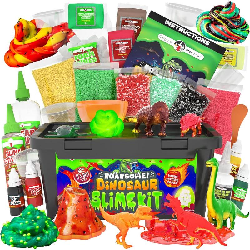 Original Stationery Dinosaur Slime Kit, Glow in The Dark Slime Making Kit for Boys, Create Lava, Blood and Dino Poop Slime, Fun DIY Slimey Dino Scene, Fun Christmas and Thanksgiving Gift, Ages 8-12