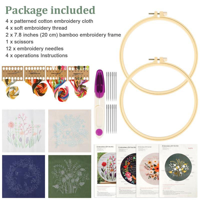 4 Sets Embroidery Stitching Kit for Beginners - Cross Stitch Tools for DIY Crafts,Includes Cotton Cloths,Hoops,Threads,Needles,Christmas Gifts