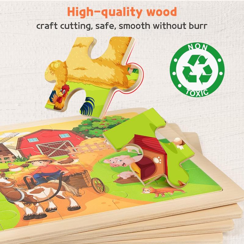 SYNARRY Wooden Puzzles for Kids Ages 4-8, 4 Packs 24 PCs Wood Jigsaw Puzzles Preschool Educational Brain Teaser Boards Toys, Zoo Farm Insect Sea Animals, Children Gifts for 4-8 Year Old Boys Girls