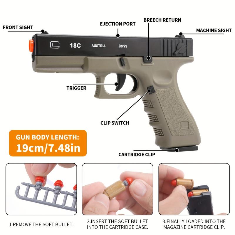 2024 Classic Design Toy Gun with 50 Soft Bullets, 18 Bullet Shells, 3 Target Sheets, and Automatic Shell Ejection