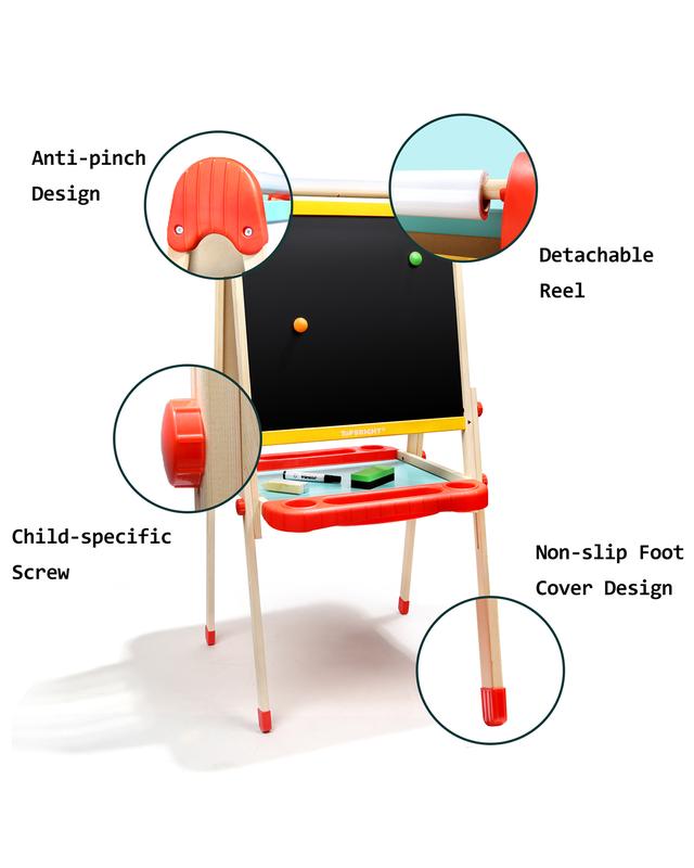 TOP BRIGHT Wooden Art Easel for Kids, Toddler Easel Adjustable with Painting Whiteboard, Child Easel with Magnetic Blackboard，Suitable for ages 3+