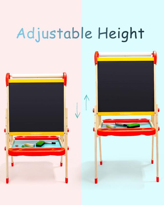 TOP BRIGHT Wooden Art Easel for Kids, Toddler Easel Adjustable with Painting Whiteboard, Child Easel with Magnetic Blackboard，Suitable for ages 3+