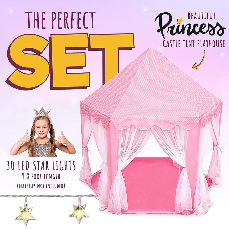 Princess Castle Playhouse Tent for Girls with LED Star Lights – Indoor & Outdoor Large Kids Play Tent for Imaginative Games – ASTM Certified, 230 Polyester Taffeta. Pink 55