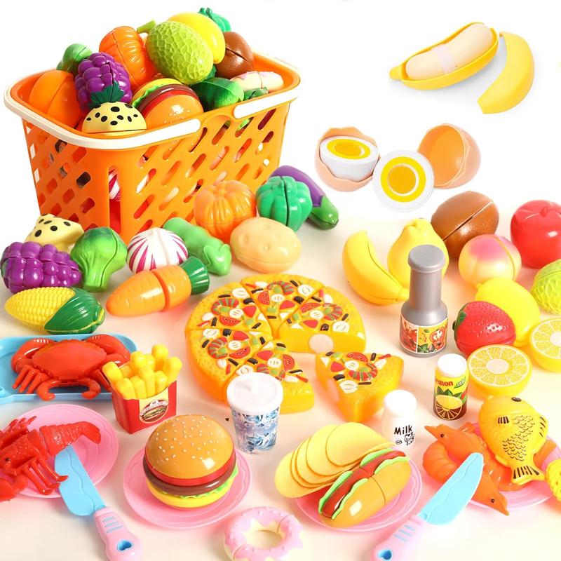 92PCS Cutting Play Food Toy for Kids Kitchen,Play Kitchen Food with Vegetables & Fruit Shopping Basket Pretend play