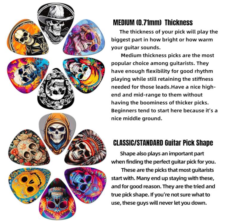 Guitar Picks,24 Pack Medium Guitar Pick Personalized,Skull Guitar Picks Variety Pack,Guitar Picks for Acoustic Guitar, Electric Guitar,Bass Guitar Accessories Gifts for Men(Mix-10)