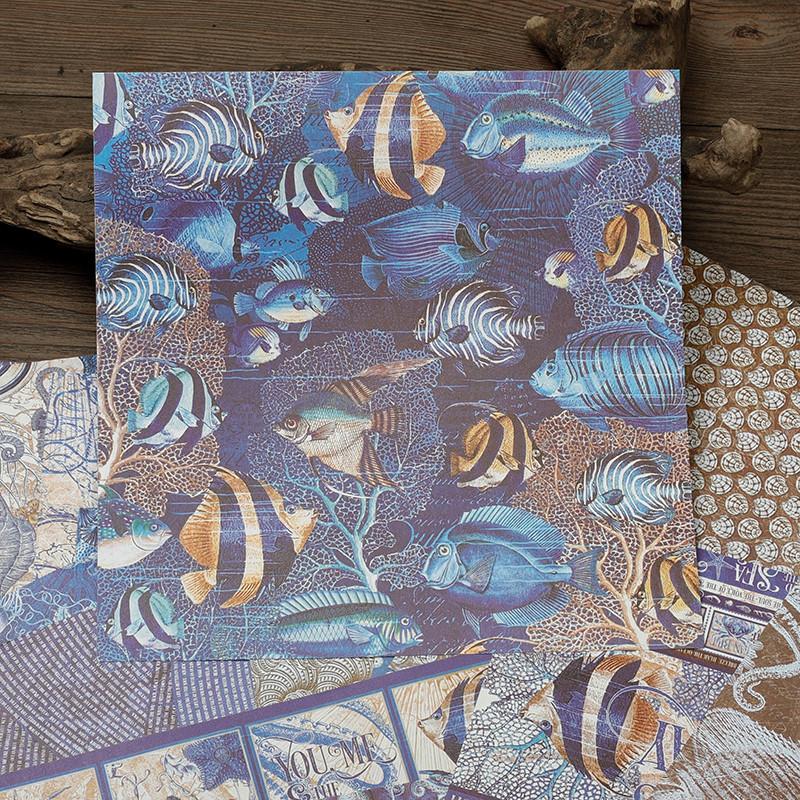 16sheets Marine Life Themed Vintage Material Paper, Retro Handbook Background Paper, DIY Decoration For Scrapbooking & Journal Making