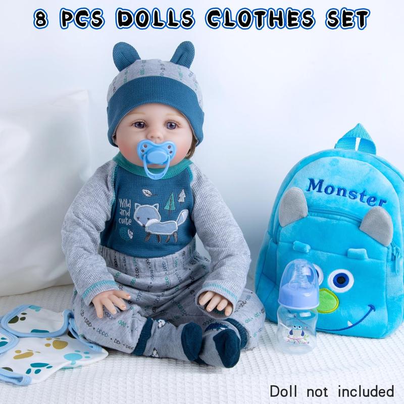 PEDOLLTREE Reborn Baby Doll Clothes Outfit Accessories Blue Little Fox Set 8 Pcs Set for 17-22 Inch Reborn Doll Newborn Boy with Backpack Diaper