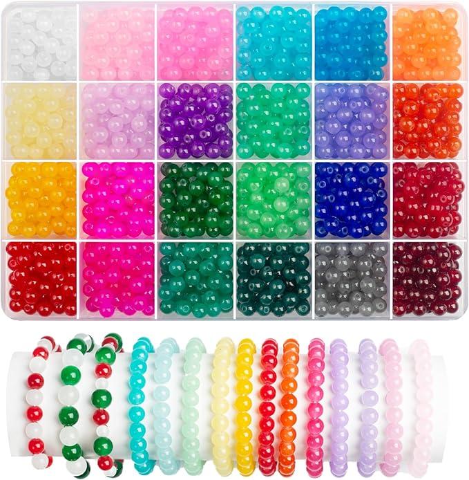 1200PCS 6mm Glass Beads for Jewelry Making Bracelets, 24 Colors Crystal Beads Round Beads Bracelet Making Kit DIY Craft