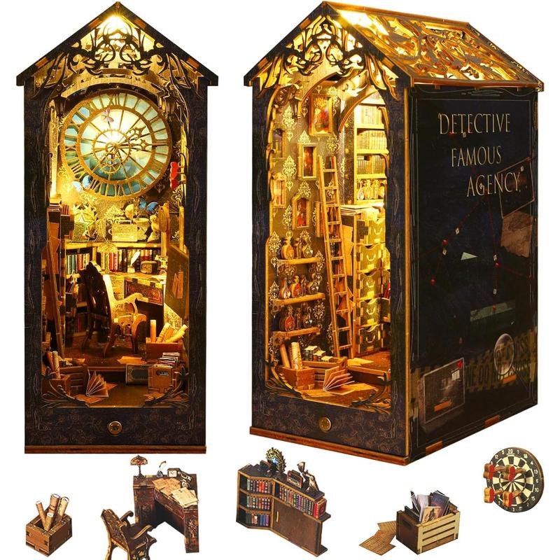 Book Nook Kit Detective Agency, DIY Booknooks Kit for Adults Teens with Sensor Lights, Bookshelf Diorama Miniature Scenes Insert Decor, 3D Wooden Puzzle Miniature House Kit Gifts