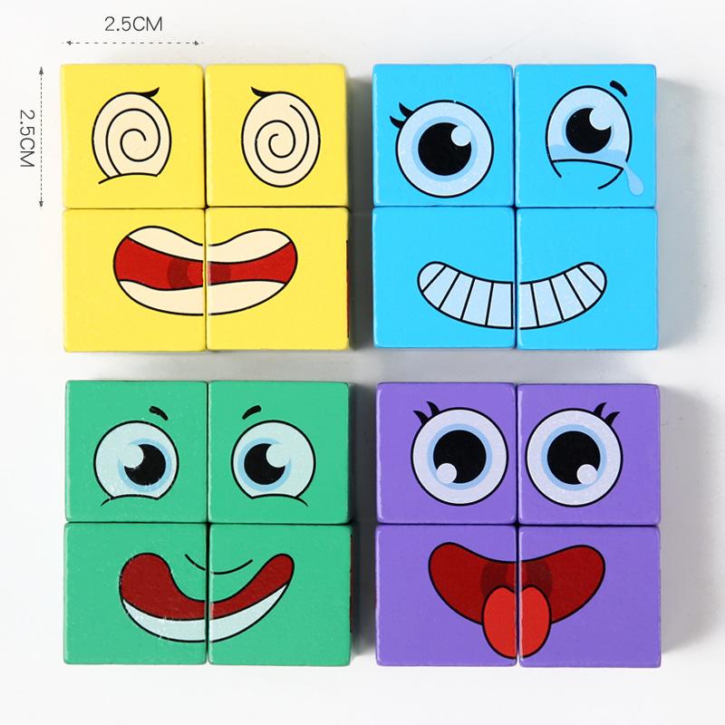 Wooden Face Changing Magic Cube Building Blocks Game Matching Expression Puzzle Toy Board Games for Family Night