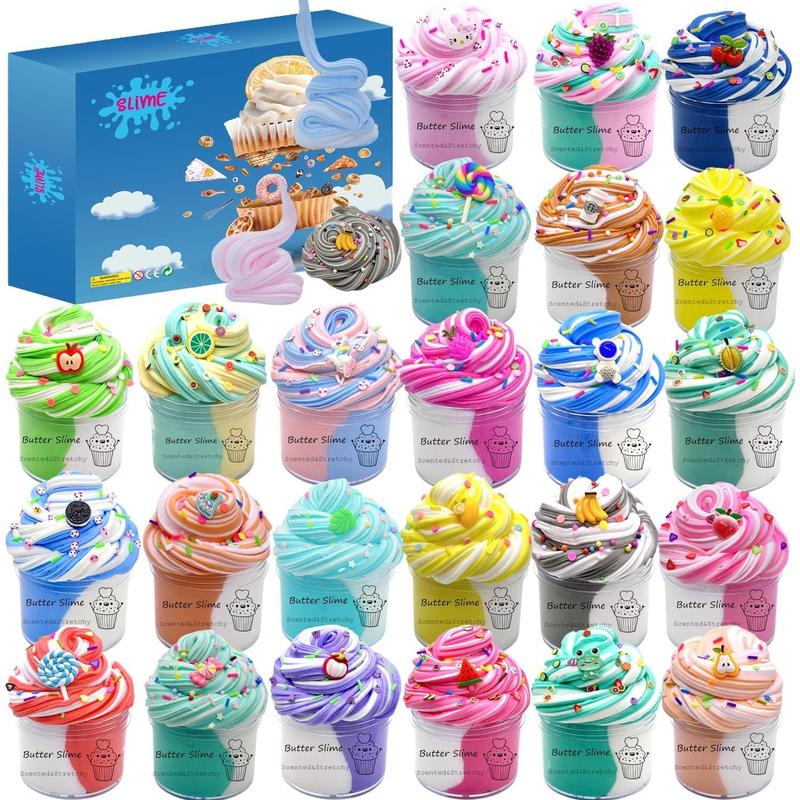 Slime Set Butter Slime Kit 24 Packed Two-Toned Scented Containers, Assorted Colors and Designs，Soft and Bouncy Non-Sticky Slime Party Gifts for Girls and Boys