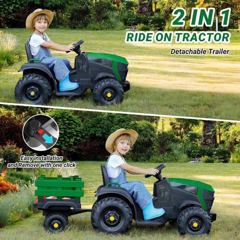 ELEMARA 24V 9AH Ride on Tractor with Easy Detachable Trailer, 400W Motors Ride on Toys for Big Kids, Ride on Car with All-Terrain Capability, 3-Point Seat Belt for Ages 3+, Max 4.5 mph, Music