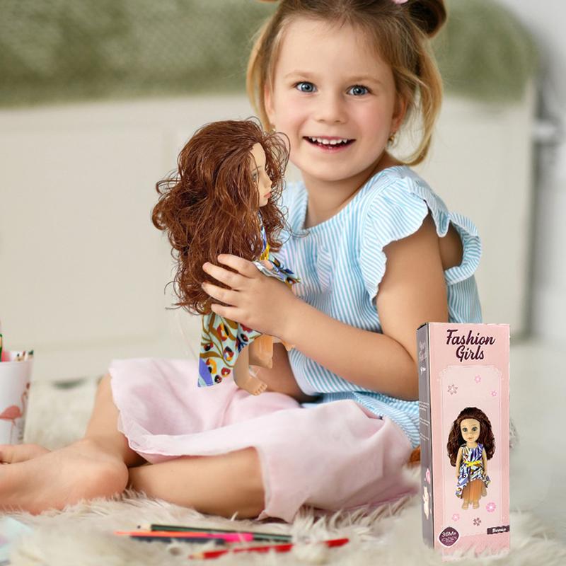 Lepood 14 Inch American Doll For Girls, Sweet & Realistic Doll, Blue Eyes, Colorful Dress, Brown Curly Hair, Ideal Gift For Birthdays with Box