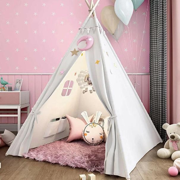 Teepee Tent , Natural Cotton Canvas Teepee Play Tent Beige White