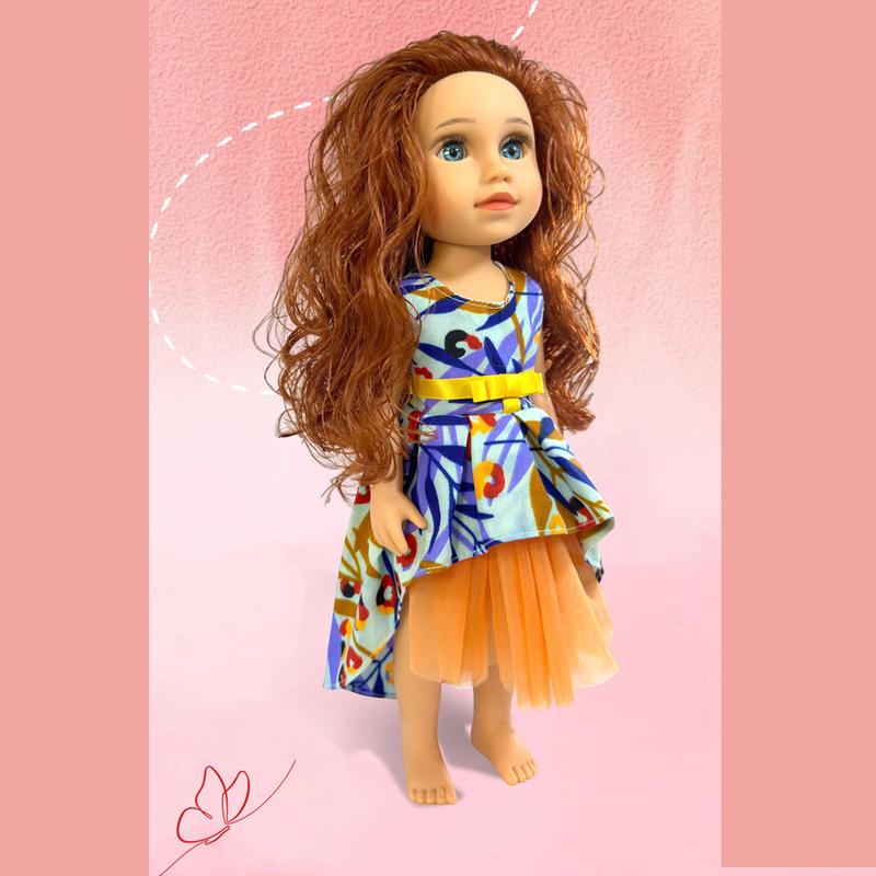 Lepood 14 Inch American Doll For Girls, Sweet & Realistic Doll, Blue Eyes, Colorful Dress, Brown Curly Hair, Ideal Gift For Birthdays with Box