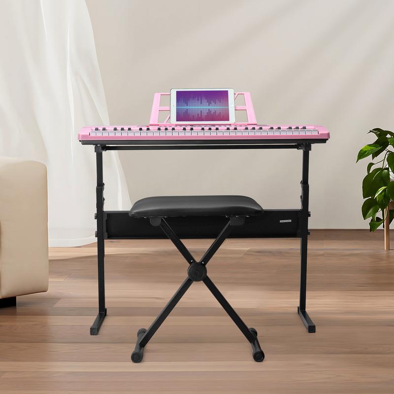 61 Key Lighting Keyboard with Piano Stand, Piano Bench, Built In Speakers, Headphone, Microphone, LED Screen, 3 Teaching Modes for Beginners