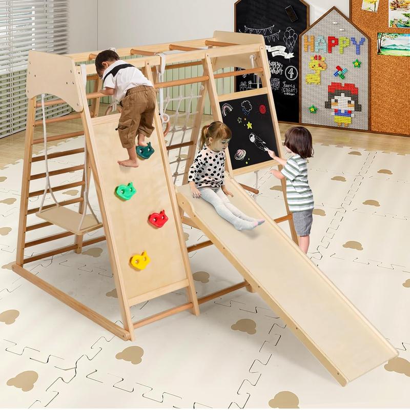 10-in-1 Kids Wooden Climbing Toys, Toddler Jungle Gym w Drawing Board, Slide, Climbing Rock & Net, Ladder, Monkey Bars, Swing, Gymnastic Rings, Indoor Playground Climber Set, Rainbow