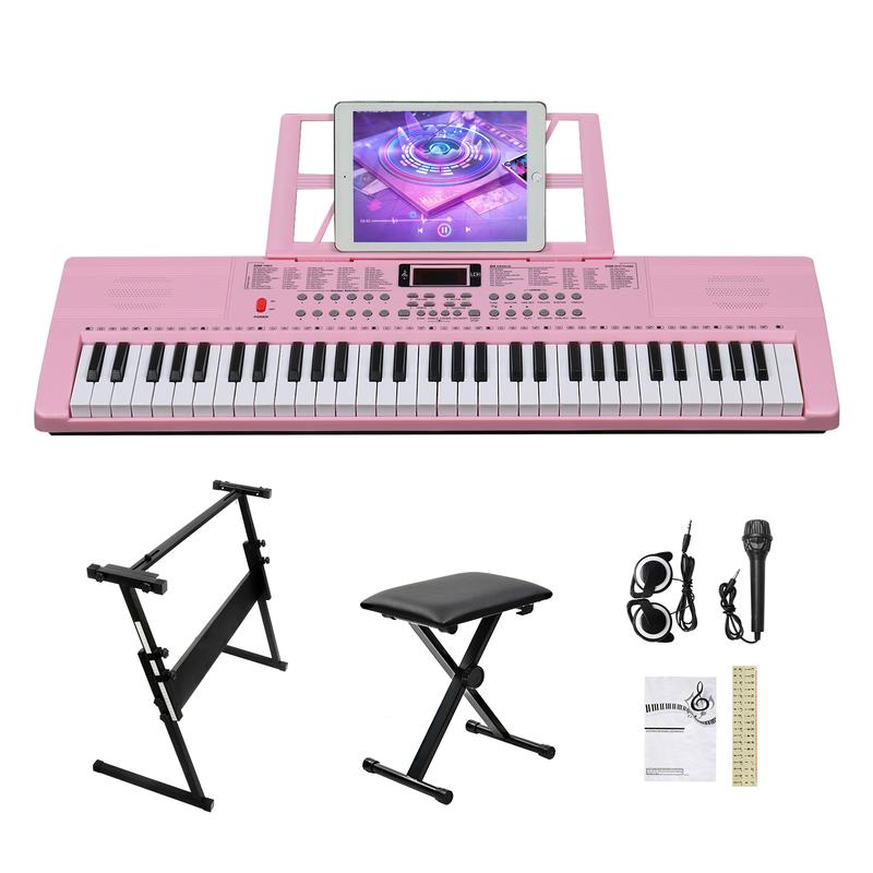 61 Key Lighting Keyboard with Piano Stand, Piano Bench, Built In Speakers, Headphone, Microphone, LED Screen, 3 Teaching Modes for Beginners