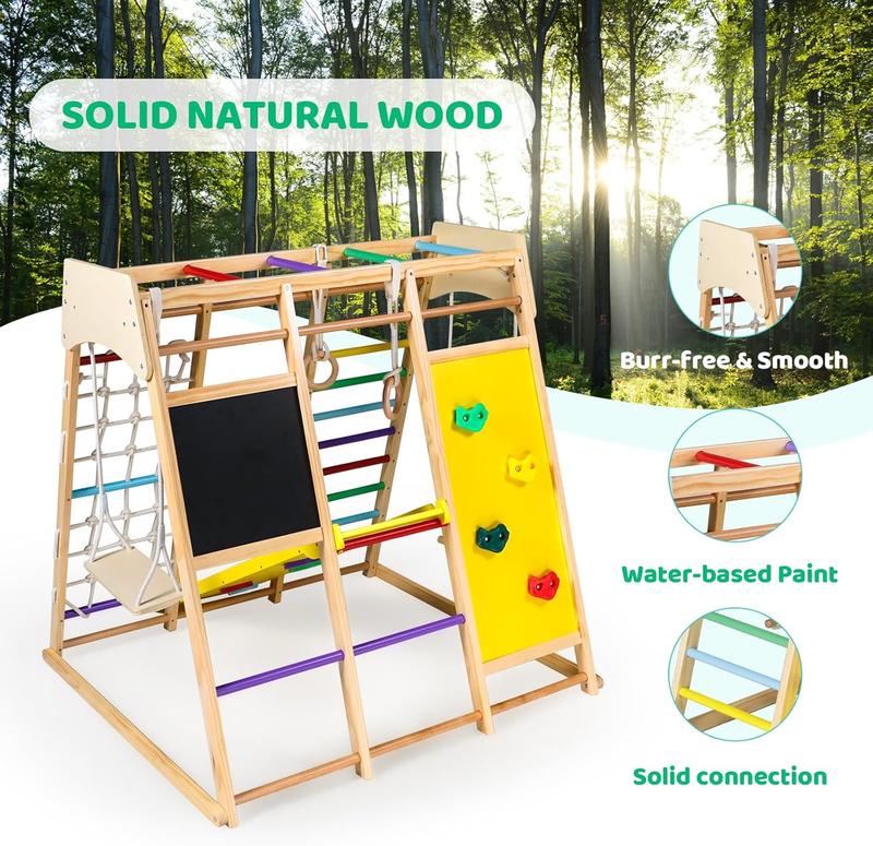 10-in-1 Kids Wooden Climbing Toys, Toddler Jungle Gym w Drawing Board, Slide, Climbing Rock & Net, Ladder, Monkey Bars, Swing, Gymnastic Rings, Indoor Playground Climber Set, Rainbow