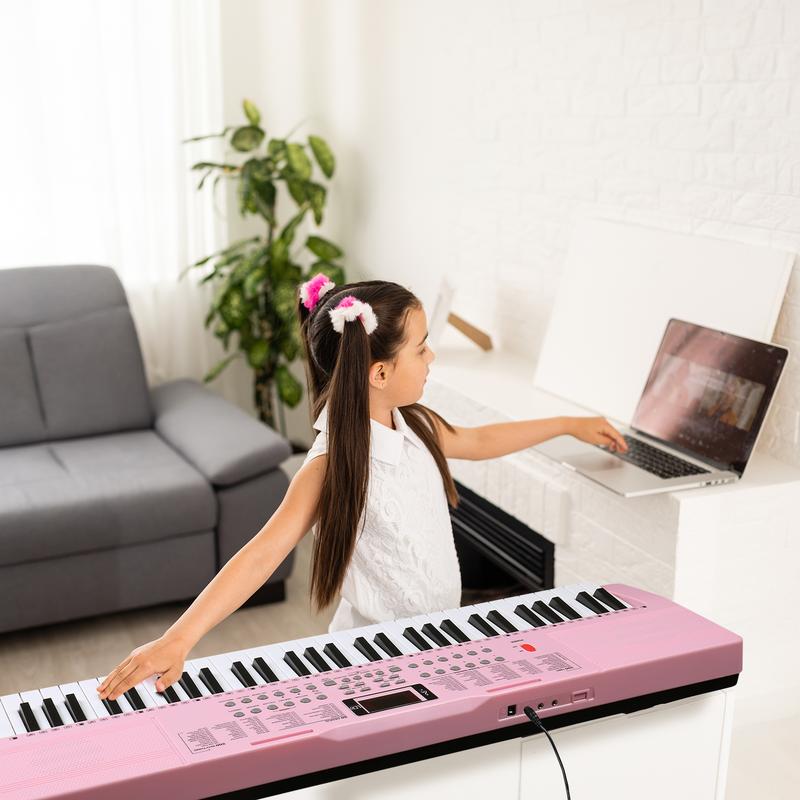 61 Key Lighting Keyboard with Piano Stand, Piano Bench, Built In Speakers, Headphone, Microphone, LED Screen, 3 Teaching Modes for Beginners