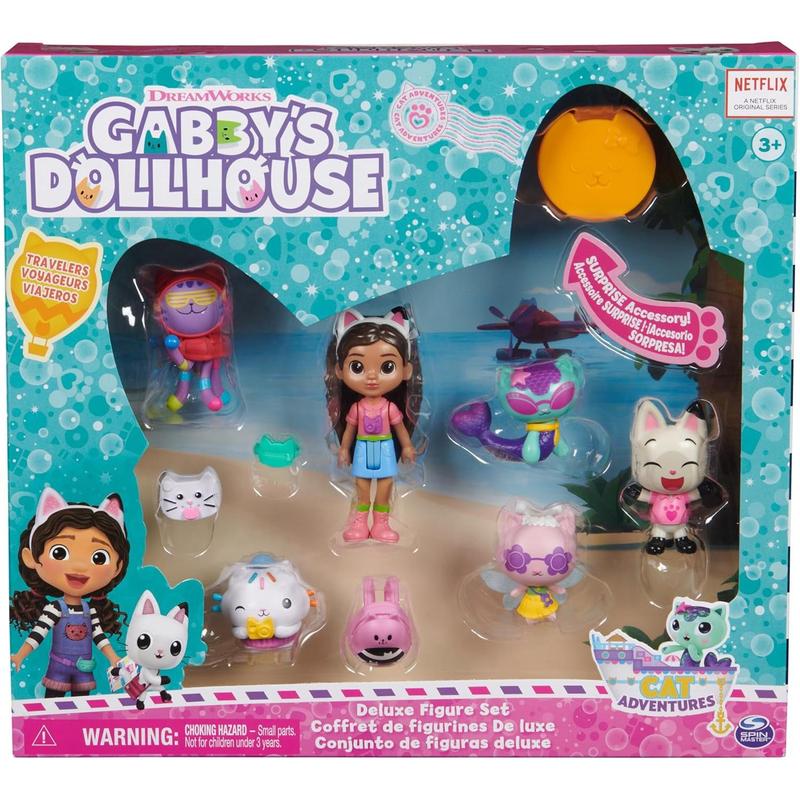 Gabby's Dollhouse, Travel Themed Figure Set with a Gabby Doll, 5 Cat Toy Figures, Surprise Toys & Dollhouse Accessories, Kids Toys for Girls & Boys 3+