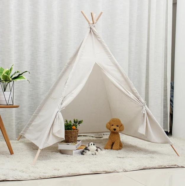 Teepee Tent , Natural Cotton Canvas Teepee Play Tent Beige White