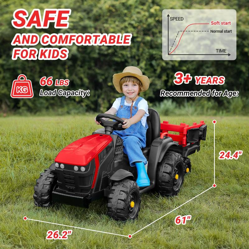 ELEMARA 24V 9AH Ride on Tractor with Easy Detachable Trailer, 400W Motors Ride on Toys for Big Kids, Ride on Car with All-Terrain Capability, 3-Point Seat Belt for Ages 3+, Max 4.5 mph, Music