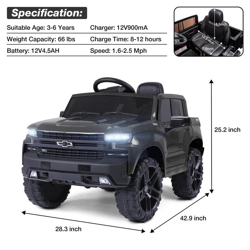 FUNTOK 12V Kids Ride On Truck Car with Back Storage, Remote Control, LED Lights and MP3 Music, Kids Silverado Trail Boss LT Electric Truck