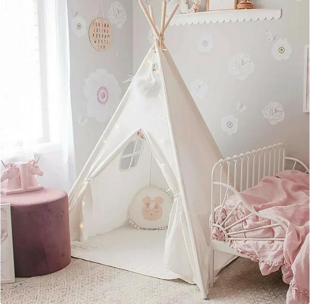 Teepee Tent , Natural Cotton Canvas Teepee Play Tent Beige White