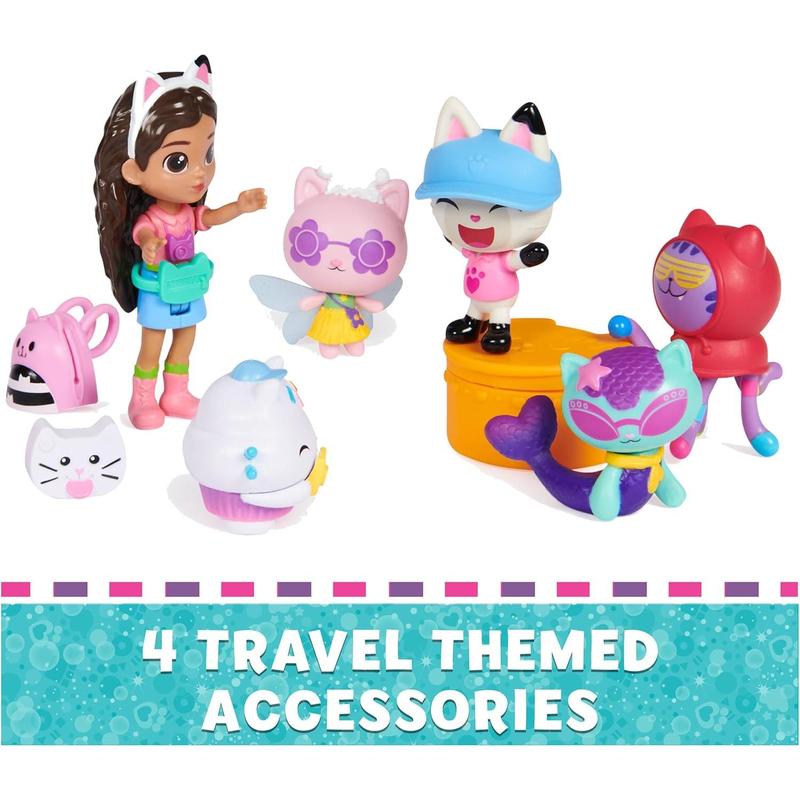 Gabby's Dollhouse, Travel Themed Figure Set with a Gabby Doll, 5 Cat Toy Figures, Surprise Toys & Dollhouse Accessories, Kids Toys for Girls & Boys 3+