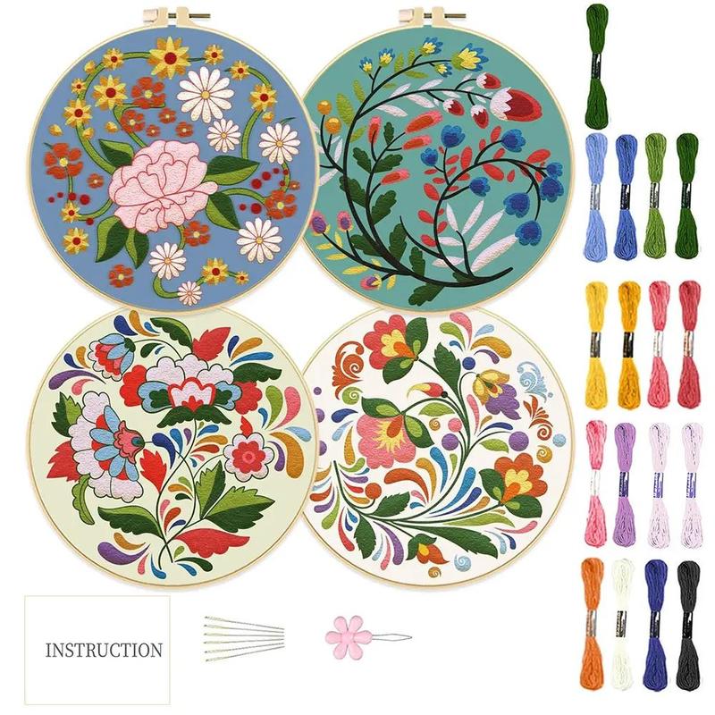 Floral Pattern Embroidery Kit, 4 Counts set DIY Embroidery Kit Supplies with Random Color Tools, Embroidery Starter Kit for Beginners