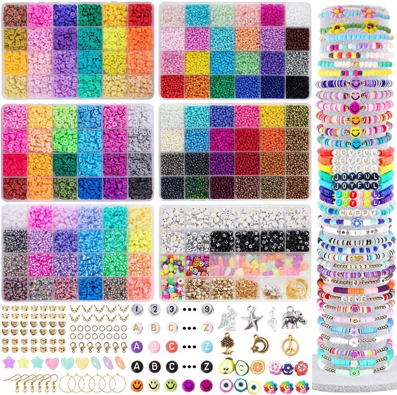 6 Boxes 16800 count 72 Colors Clay Beads and 48 Colors Glass Seed Beads for Friendship Bracelets Making Kit Heishi Beads with Letters Beads