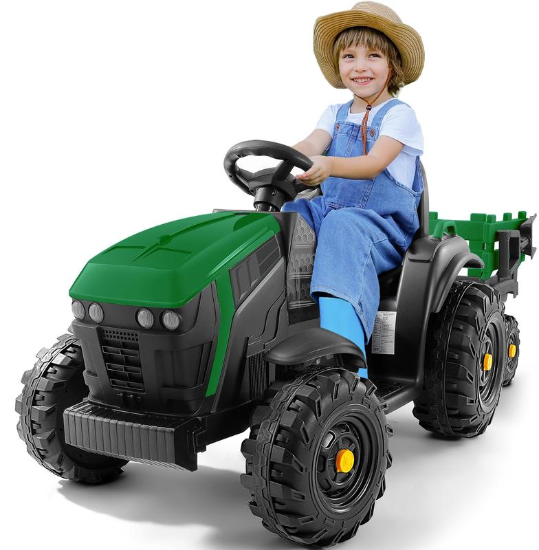 ELEMARA 24V 9AH Ride on Tractor with Easy Detachable Trailer, 400W Motors Ride on Toys for Big Kids, Ride on Car with All-Terrain Capability, 3-Point Seat Belt for Ages 3+, Max 4.5 mph, Music