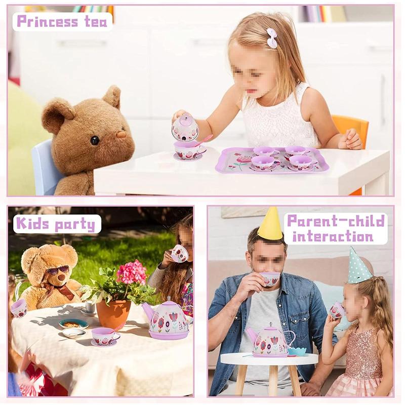 Kids Tea Set for Little Girls, Princess Tea Party Set for Kids Flower Design Toy Tea Set, Pretend Play Toys Gift