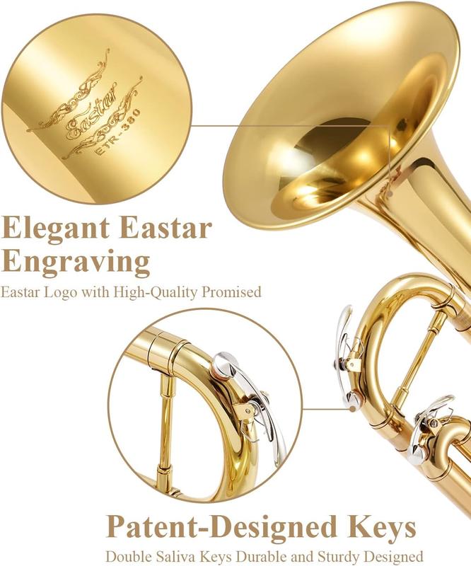 Eastar ETR-380 Bb Trumpet Standard Trumpet Set for Student Beginner with Hard Case, Cleaning Kit, 7C Mouthpiece and Gloves, Brass Bb Trumpet Instrument, Gold Black