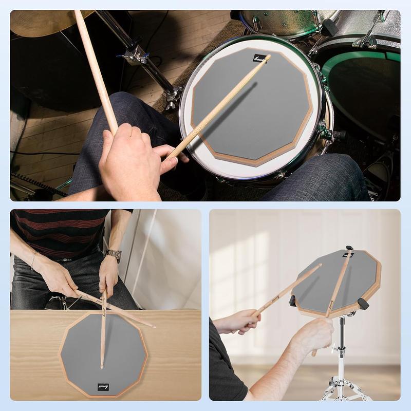 12 Inches Drum Pad and 5A Drum Sticks, Double Sided Snare Drum Practice Pad for Drummers, Silent Practice Drum Pad for Adults and  with Storage Bag - Gray